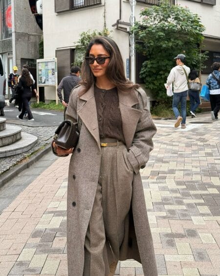 October outfit idea with grey checked wool coat, brown cable knit and matching trousers