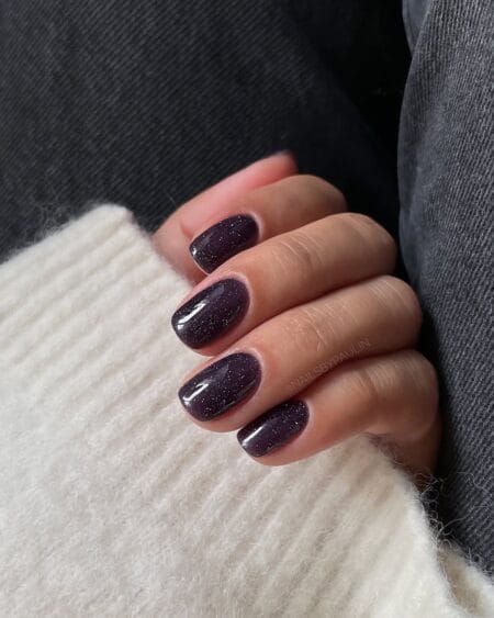 Deep aubergine short square nails with fine silver glitter