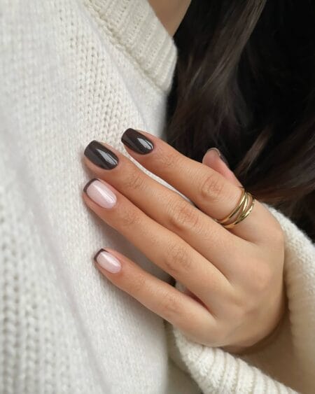 Espresso brown short square nails with thin brown French accent fingers