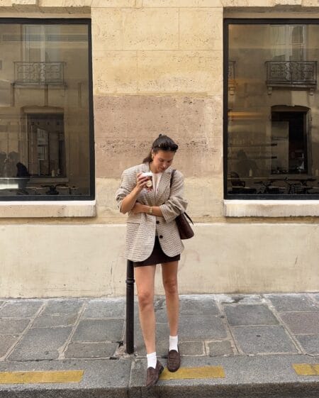 Check blazer with brown mini skirt, white ribbed socks and dark brown suede loafers