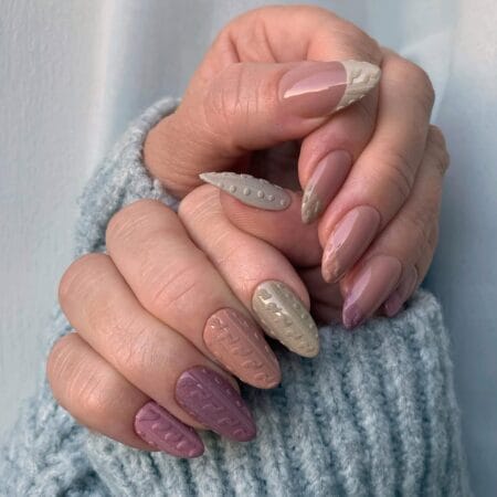 Cream cable knit sweater texture nails with a matte finish.