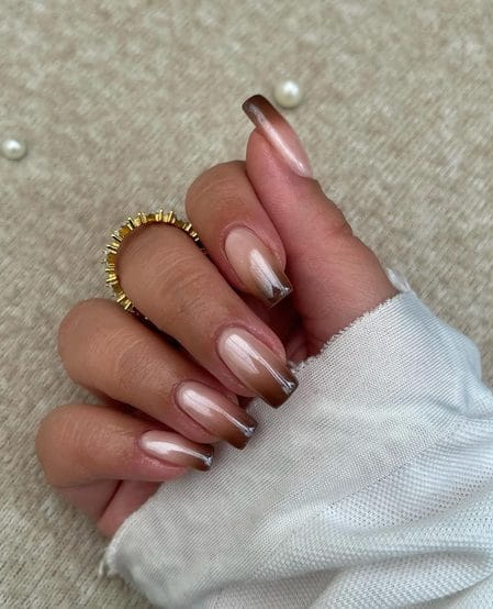 Glazed coffee French ombre nails with deep espresso tips