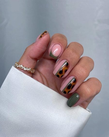 Olive green square nails with vertical tortoiseshell inlay details